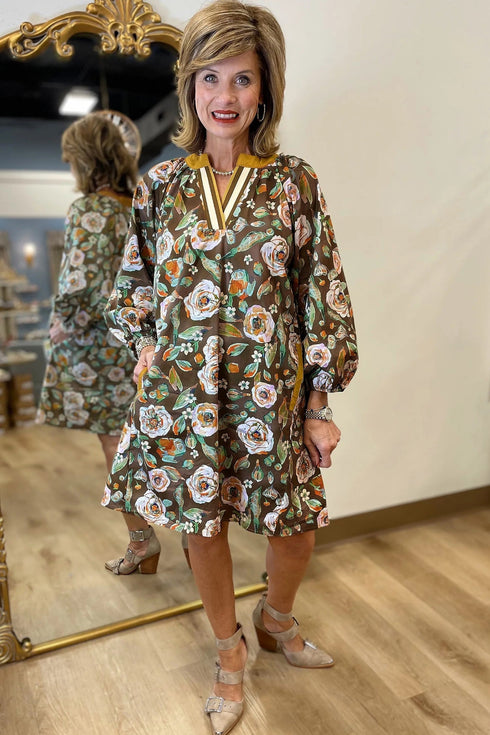 Cotton Floral Print Contrast Trim Long Sleeve Mini Dress