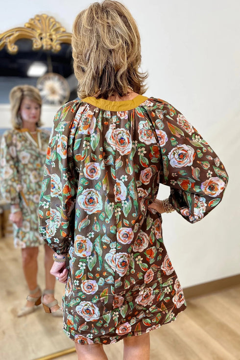 Cotton Floral Print Contrast Trim Long Sleeve Mini Dress