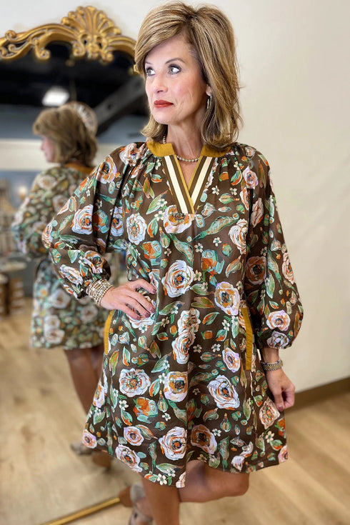 Cotton Floral Print Contrast Trim Long Sleeve Mini Dress