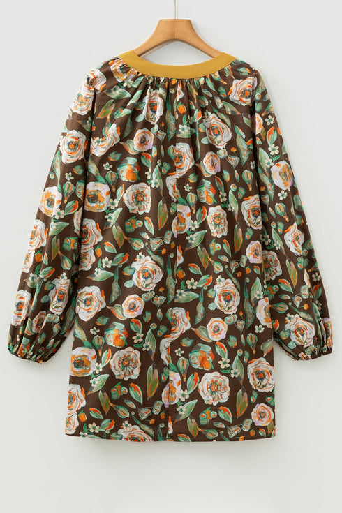 Cotton Floral Print Contrast Trim Long Sleeve Mini Dress