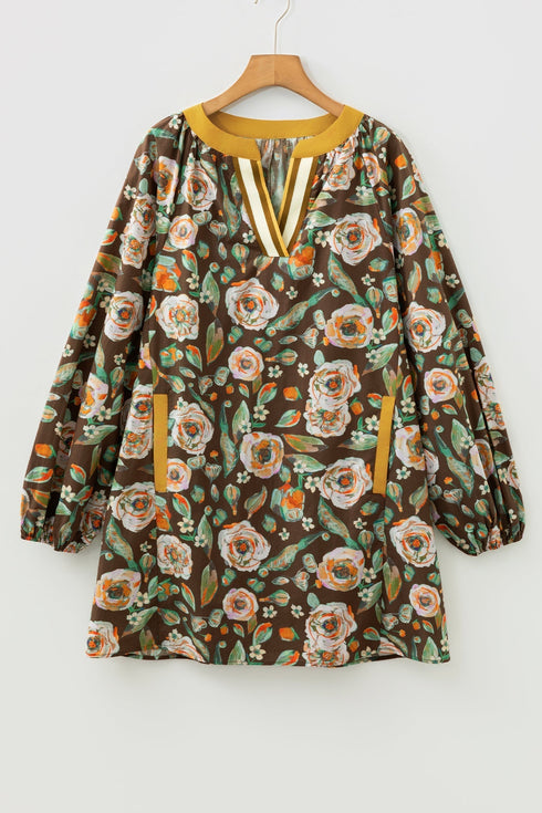 Cotton Floral Print Contrast Trim Long Sleeve Mini Dress