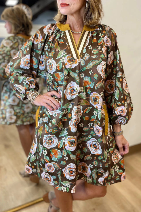 Cotton Floral Print Contrast Trim Long Sleeve Mini Dress