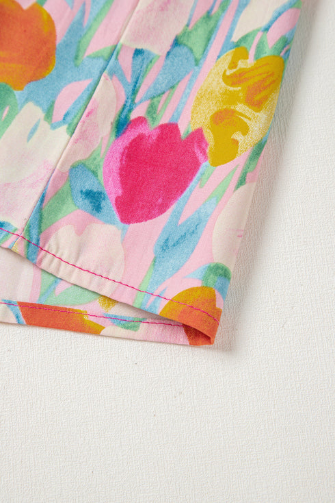 Cotton Floral Print Flutter Sleeve Tie Neck Blouse