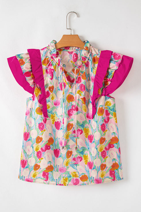 Cotton Floral Print Flutter Sleeve Tie Neck Blouse