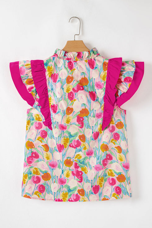 Cotton Floral Print Flutter Sleeve Tie Neck Blouse