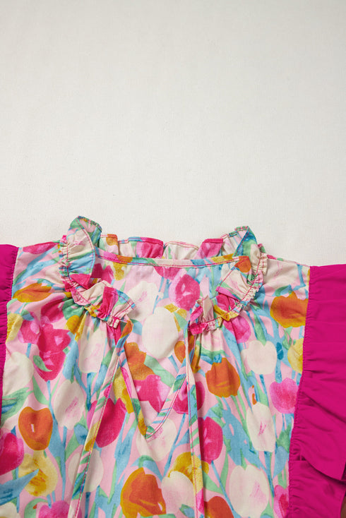 Cotton Floral Print Flutter Sleeve Tie Neck Blouse