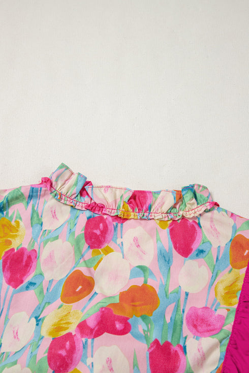 Cotton Floral Print Flutter Sleeve Tie Neck Blouse