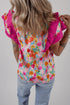 Cotton Floral Print Flutter Sleeve Tie Neck Blouse