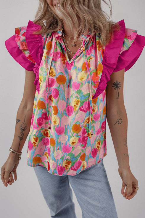 Cotton Floral Print Flutter Sleeve Tie Neck Blouse