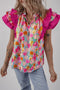 Cotton Floral Print Flutter Sleeve Tie Neck Blouse