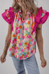Cotton Floral Print Flutter Sleeve Tie Neck Blouse