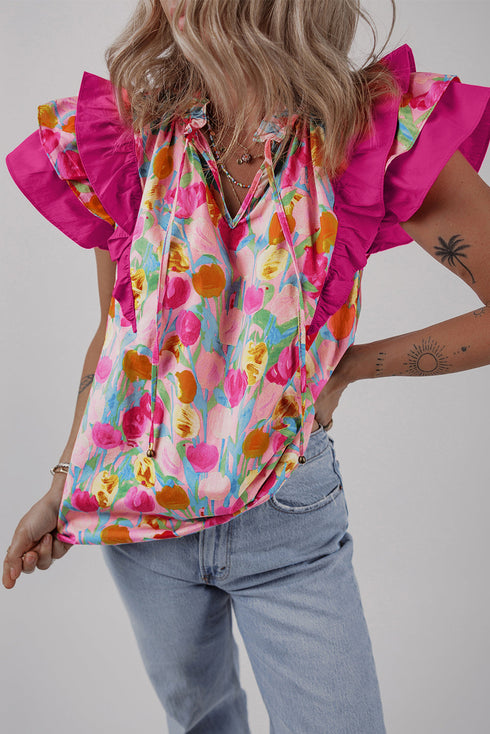 Cotton Floral Print Flutter Sleeve Tie Neck Blouse