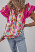 Cotton Floral Print Flutter Sleeve Tie Neck Blouse
