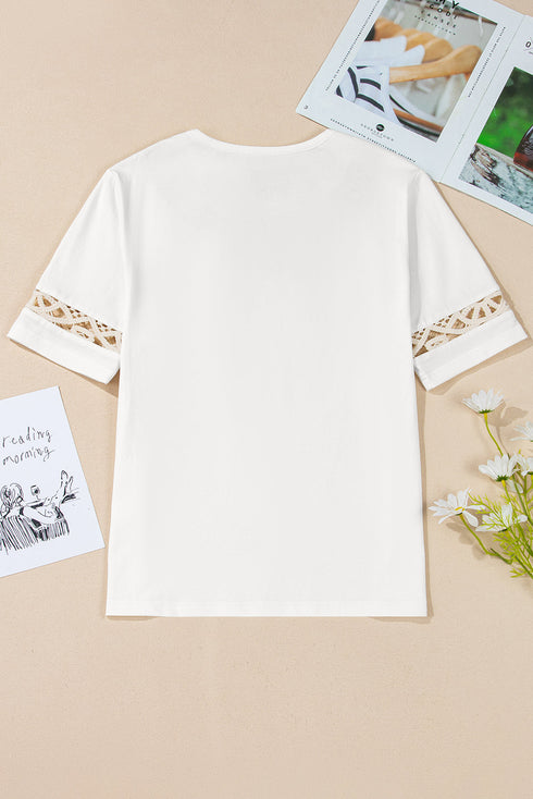 Cotton Lace Crochet Patchwork Crew Neck Tee