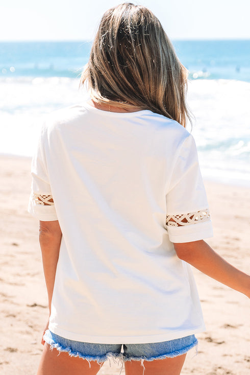 Cotton Lace Crochet Patchwork Crew Neck Tee