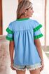 Cotton Patchwork Print Notched Neck Flutter Sleeve Blouse