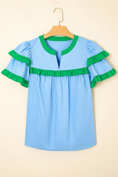 Cotton Patchwork Print Notched Neck Flutter Sleeve Blouse