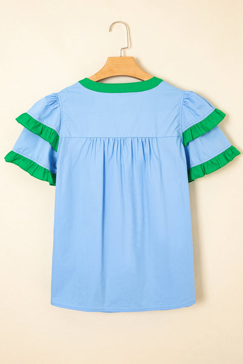 Cotton Patchwork Print Notched Neck Flutter Sleeve Blouse