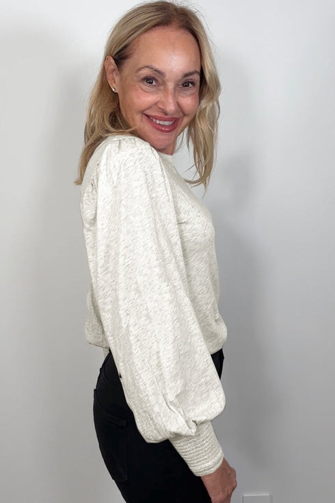 Cotton Puff Sleeve Shirred Cuff Peasant Top