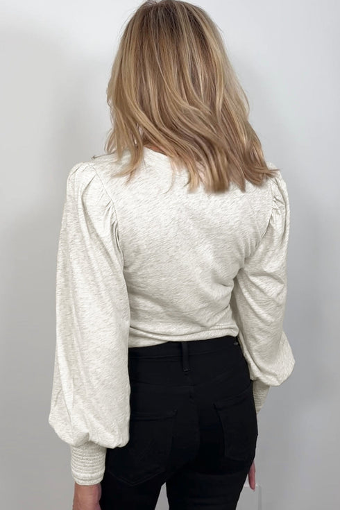 Cotton Puff Sleeve Shirred Cuff Peasant Top