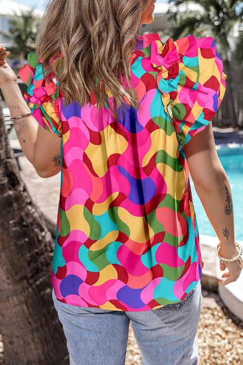 Cotton Ruffle Sleeve Smock Neck Wavy Print Blouse