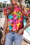 Cotton Ruffle Sleeve Smock Neck Wavy Print Blouse