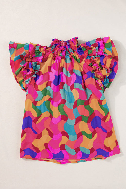 Cotton Ruffle Sleeve Smock Neck Wavy Print Blouse