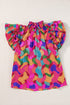 Cotton Ruffle Sleeve Smock Neck Wavy Print Blouse