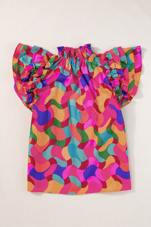 Cotton Ruffle Sleeve Smock Neck Wavy Print Blouse