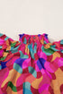Cotton Ruffle Sleeve Smock Neck Wavy Print Blouse
