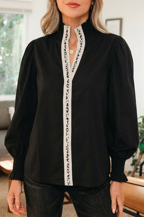 Cotton V Neck Animal Print Trim Flounce Sleeve Blouse