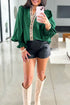 Cotton V Neck Animal Print Trim Flounce Sleeve Blouse