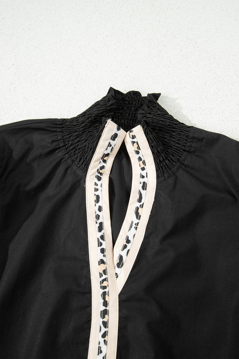 Cotton V Neck Animal Print Trim Flounce Sleeve Blouse