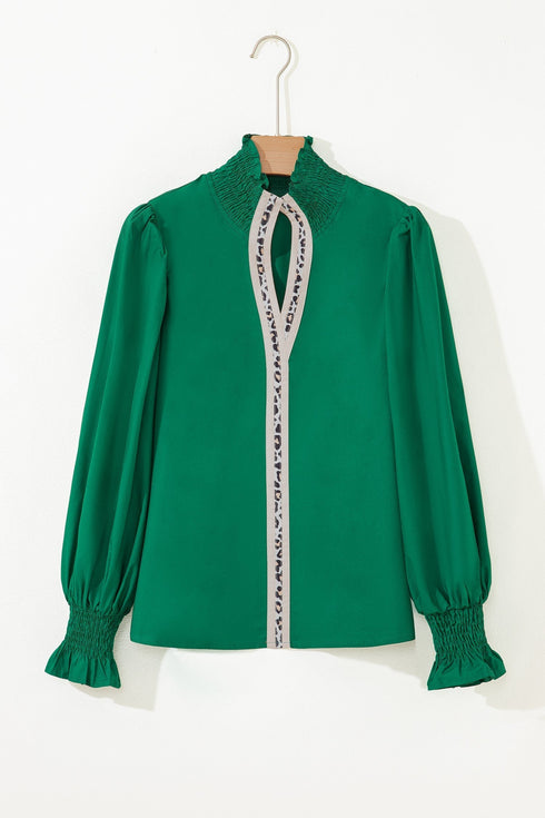 Cotton V Neck Animal Print Trim Flounce Sleeve Blouse