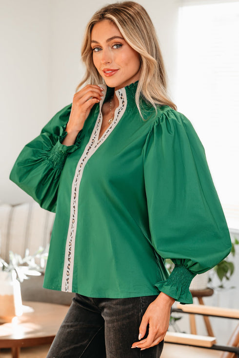 Cotton V Neck Animal Print Trim Flounce Sleeve Blouse