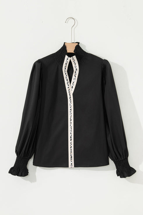 Cotton V Neck Animal Print Trim Flounce Sleeve Blouse