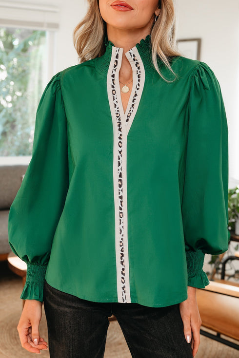 Cotton V Neck Animal Print Trim Flounce Sleeve Blouse