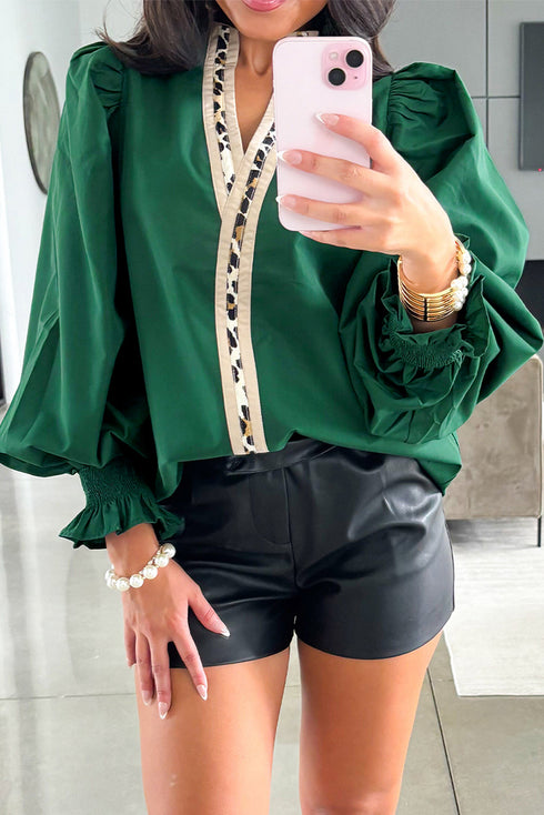 Cotton V Neck Animal Print Trim Flounce Sleeve Blouse