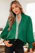 Cotton V Neck Animal Print Trim Flounce Sleeve Blouse