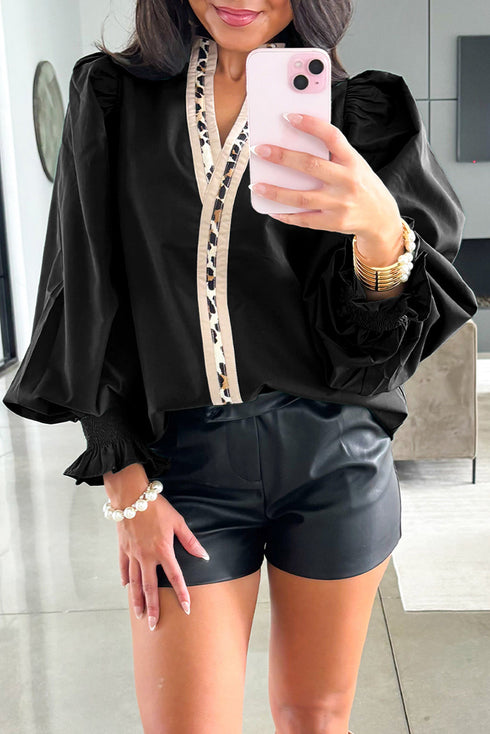 Cotton V Neck Animal Print Trim Flounce Sleeve Blouse