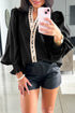 Cotton V Neck Animal Print Trim Flounce Sleeve Blouse