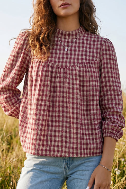 Country Plaid Keyhole Pleated Button Detail Long Sleeve Blouse