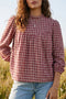 Country Plaid Keyhole Pleated Button Detail Long Sleeve Blouse