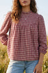 Country Plaid Keyhole Pleated Button Detail Long Sleeve Blouse