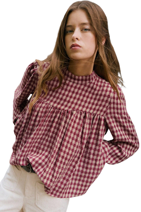 Country Plaid Keyhole Pleated Button Detail Long Sleeve Blouse