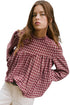 Country Plaid Keyhole Pleated Button Detail Long Sleeve Blouse