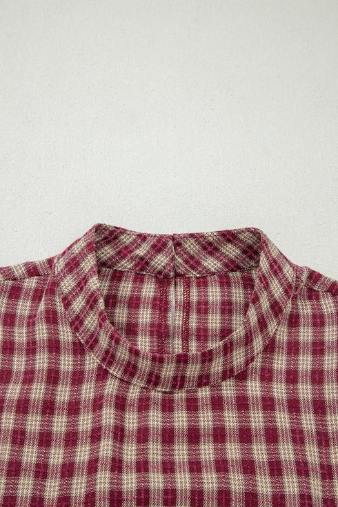 Country Plaid Keyhole Pleated Button Detail Long Sleeve Blouse