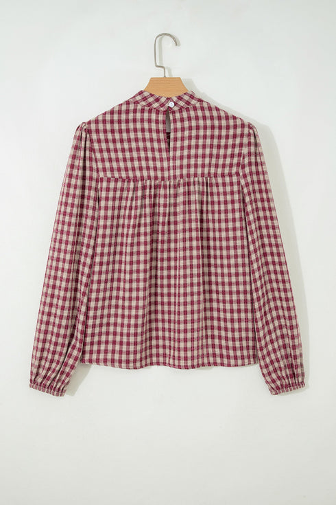 Country Plaid Keyhole Pleated Button Detail Long Sleeve Blouse