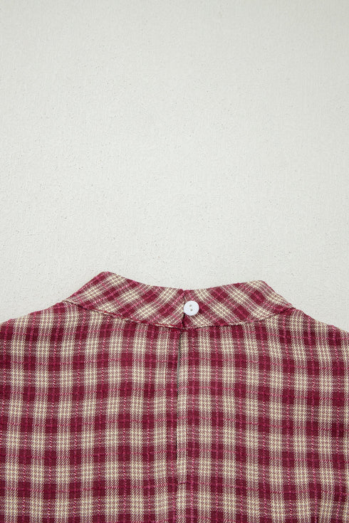 Country Plaid Keyhole Pleated Button Detail Long Sleeve Blouse