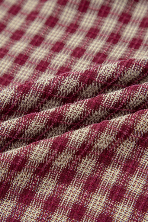 Country Plaid Keyhole Pleated Button Detail Long Sleeve Blouse